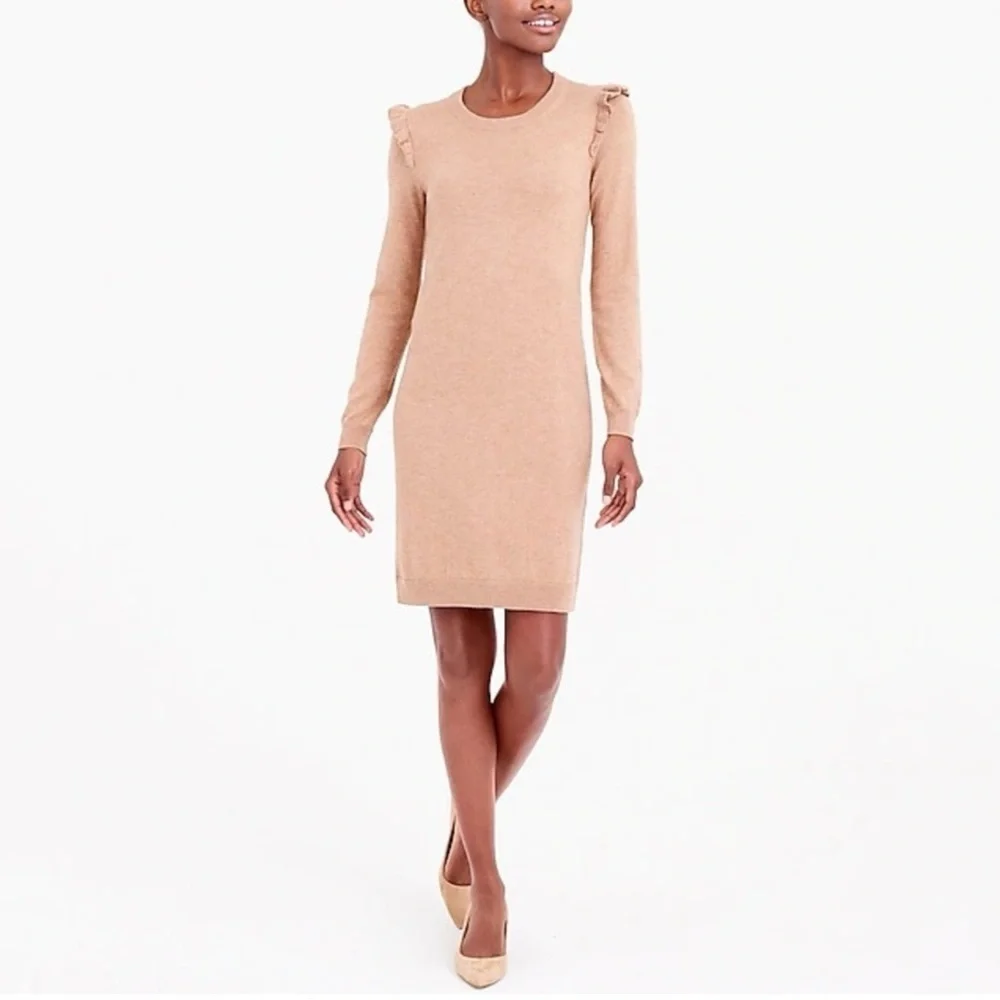 J. Crew Women’s Wool Blend Ruffle-Hem Sweater Dress in Saddle Tan Brown Size‎ L